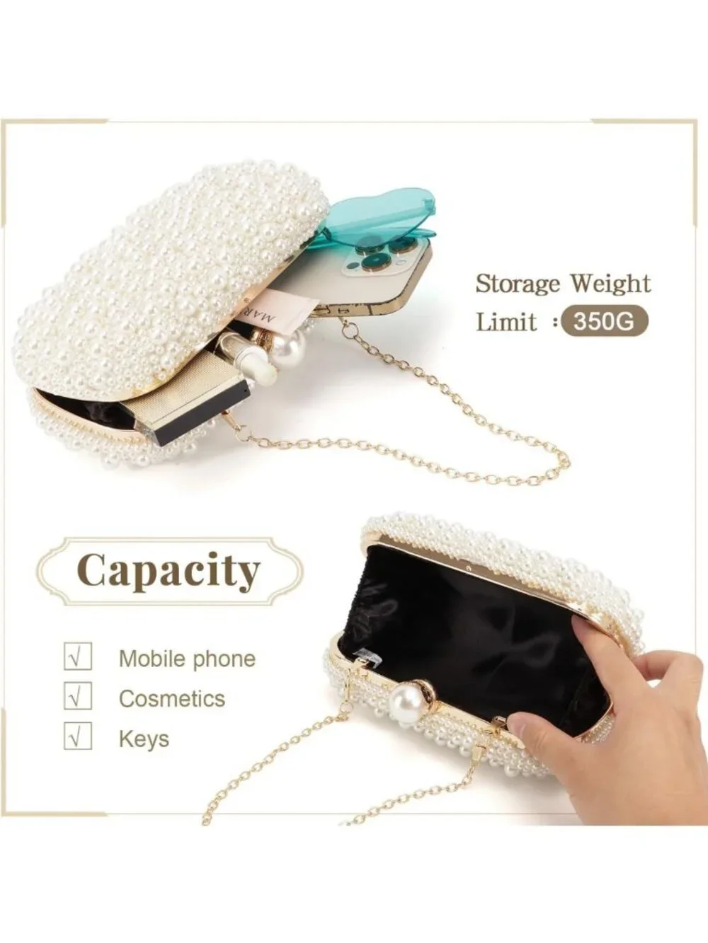Elegant Pearl Beaded Evening Clutch Handbag for Wedding, Bridal Party, Prom